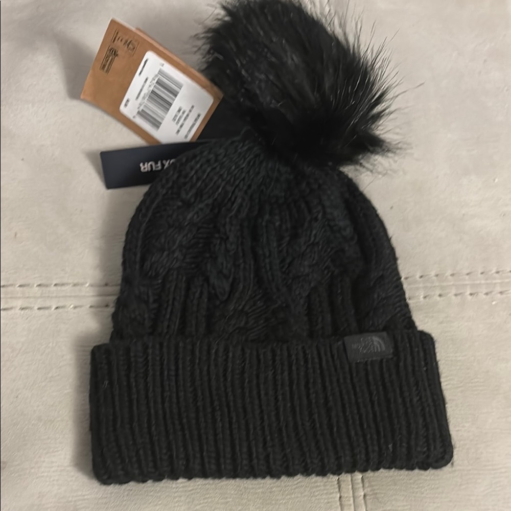 The North Face Black Knit Beanie with Faux Fur Pom